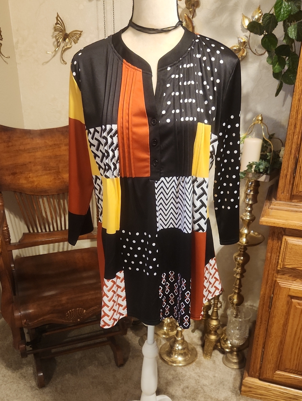 Women's Black Patchwork Print Tunic with Yellow & Rust Accents